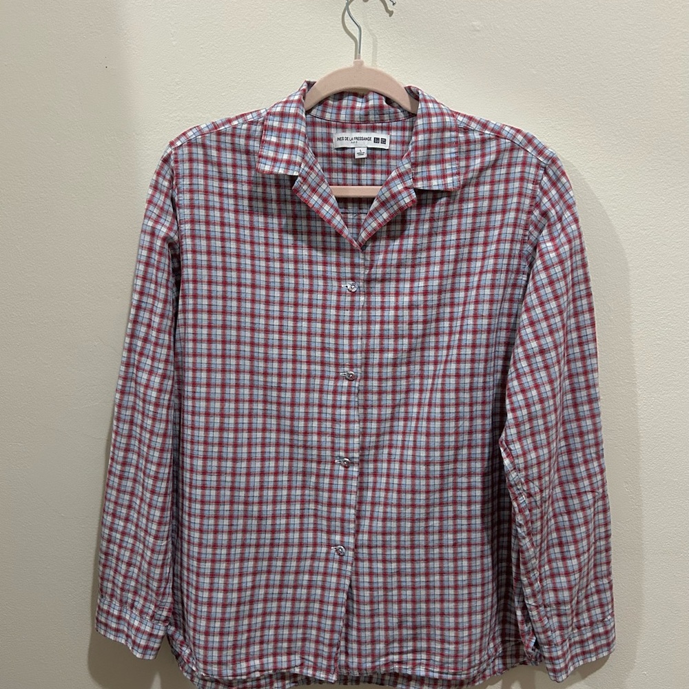 Plaid Linen-Cotton Open Collar Long-Sleeve Shirt - Uniqlo (Ines de la Fressange)